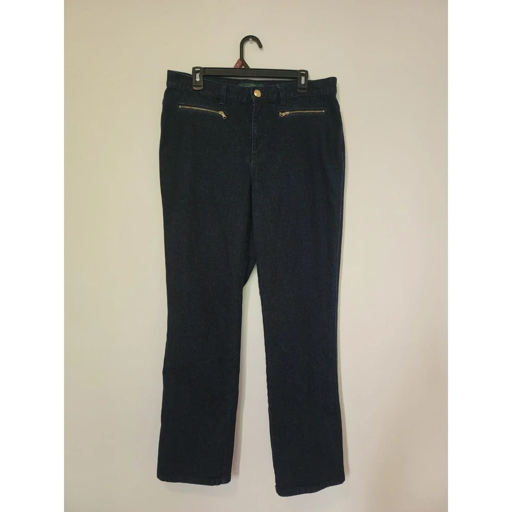 Lauren Ralph Lauren Dark Indigo jeans Sz 12 zipper pockets Straight Leg Women's